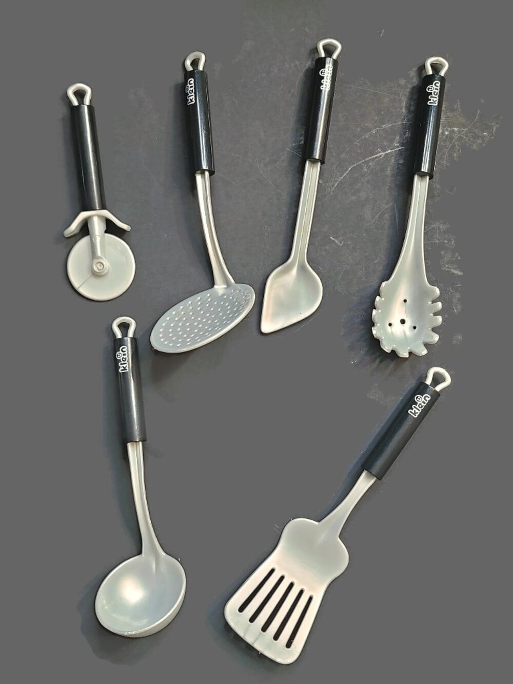 THEO KLEIN Lot Of 6 Kitchen Toy Utensils Black Handles Silver Finish Approx 7"
